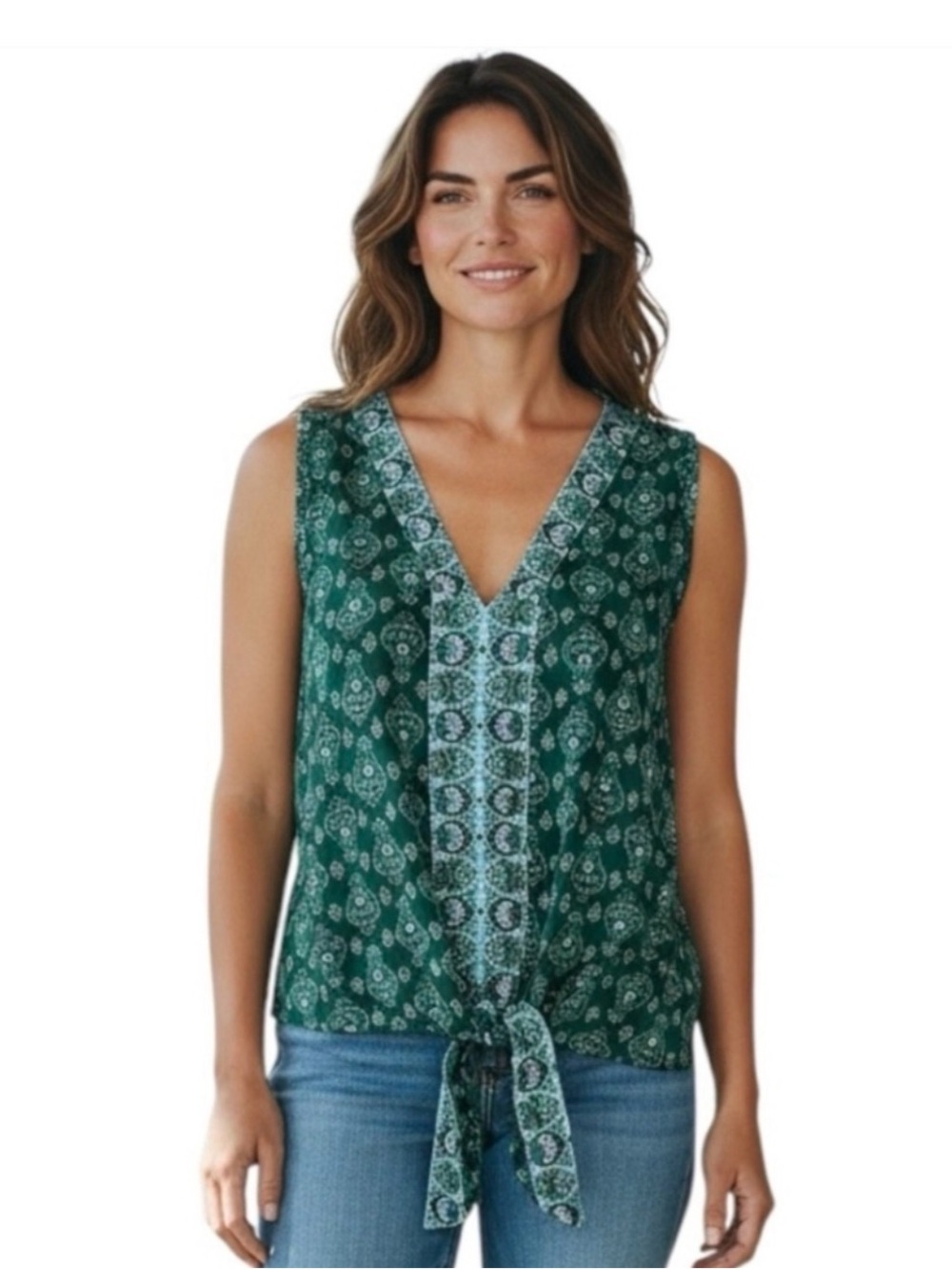 LOFT Green Printed V-Neck Tie-Front Camisole